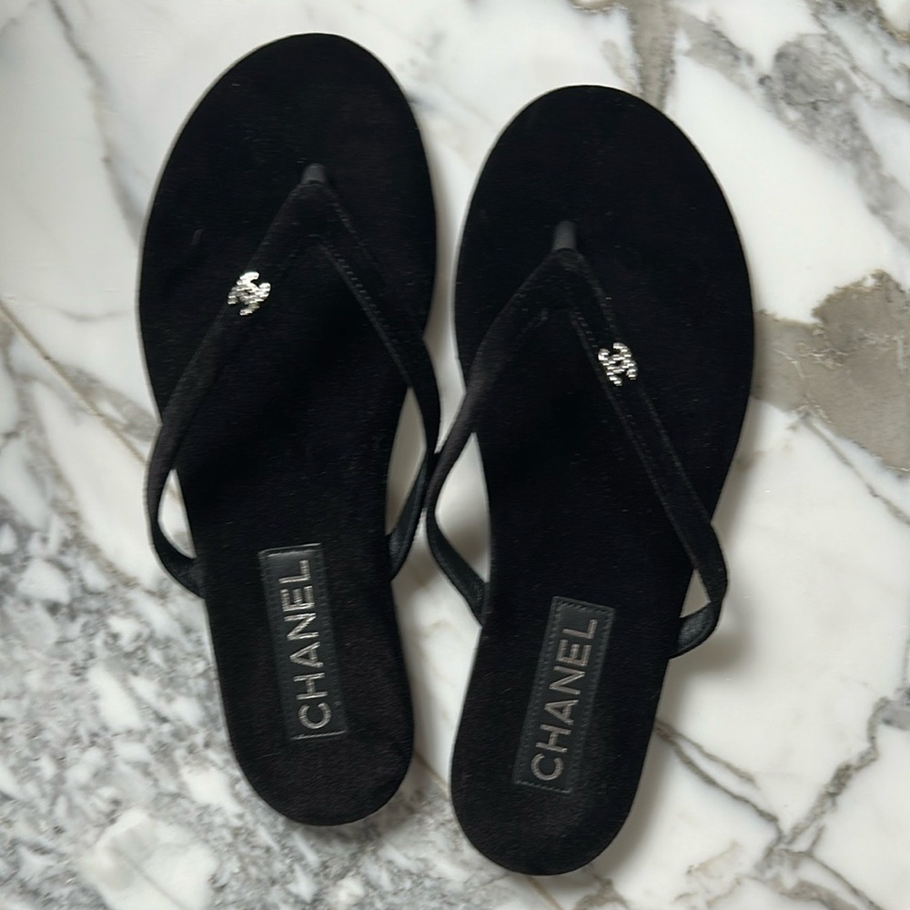 Chanel Black Flip Flops with Silver Accent